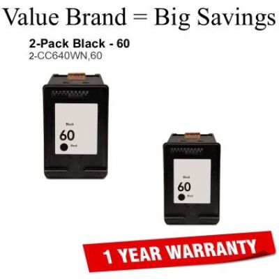 2-Pack Black 60 Compatible Value Brand Inks CC640WN