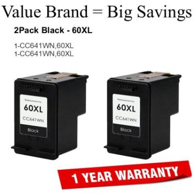 2-Pack Black 60XL Compatible Value Brand Inks CC641WN