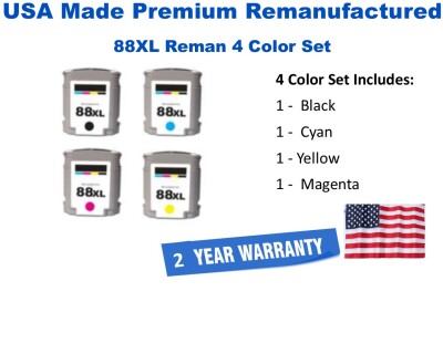 4-Pack 88XL Premium USA Made Remanufactured Ink C9391AN,C9392AN,C9393AN,C9396AN