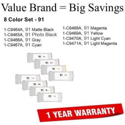 8-Pack 91 Black,Cyan,Magenta,Yellow Compatible Value Brand Inks C9464A,C9465A,C9466A,C9467A,C9468A,C9469A,C9470A,C9471A