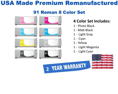 8-Pack 91 Premium USA Made Remanufactured Ink C9464A,C9465A,C9466A,C9467A,C9468A,C9469A,C9470A,C9471A