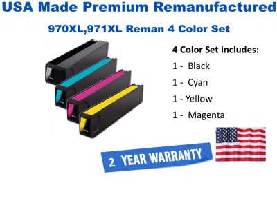 4-Pack 970XL,971XL Premium USA Made Remanufactured Ink CN625AM,CN626AM,CN627AM,CN628AM