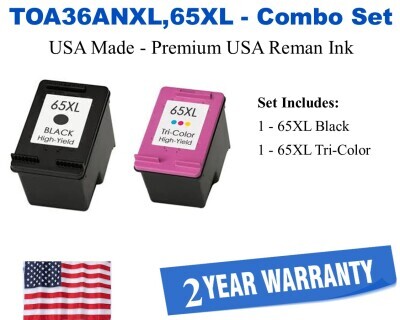 T0A36ANXL Black and Color High Yield Combo Premium USA Made Remanufactured HP Ink T0A36ANXL,65,65XL