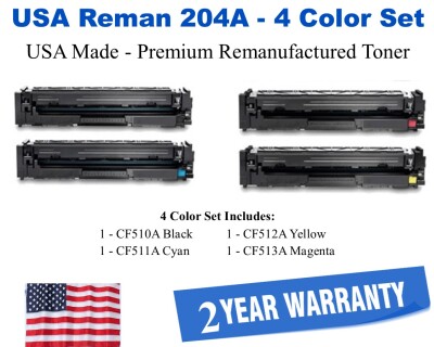 204A Series 4-Color Set Premium USA Made Remanufactured HP toner CF510A,CF511A,CF512A,CF513A