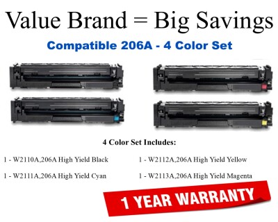 206A 4-Color Set Compatible Value Brand W/O Toner Indicator W2110A,W2111A,W2112A,W2113A,206A 206A