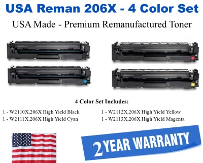 206X Series 4-Color Set Premium USA Made Remanufactured HP toner W2110X,W2111X,W2112X,W2113X
