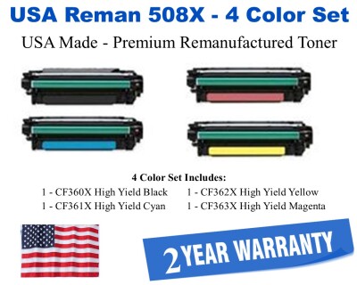 508X High Yield Series 4-Color Set Premium USA Made Remanufactured HP toner CF360X,CF361X,CF362X,CF363X
