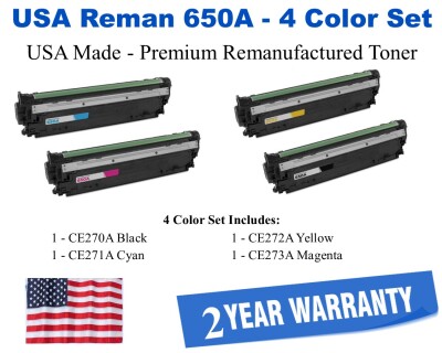 650A Series 4-Color Set Premium USA Made Remanufactured HP toner CE270A,CE271A,CE272A,CE273A