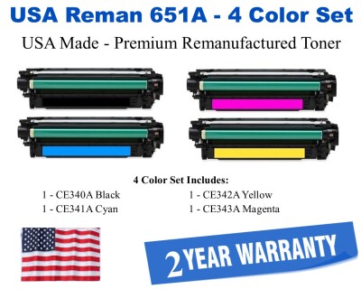651A Series 4-Color Set Premium USA Made Remanufactured HP toner CE340A,CE341A,CE342A,CE343A