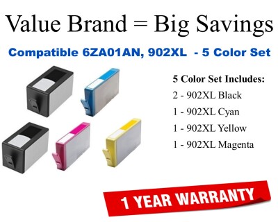 902XL,6ZA01AN Compatible Value Brand Inks 5-Pack High Yield 2-Blacks,Cyan,Magenta,Yellow 
