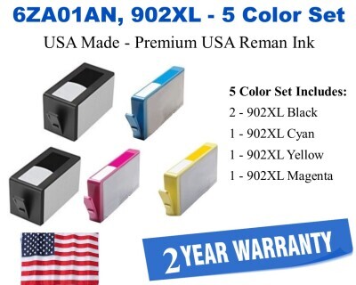 6ZA01AN 5-Pack High Yield 2-Blacks,Cyan,Magenta,Yellow Premium USA Made Remanufactured Ink 6ZA01AN,902,902XL