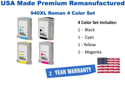 4-Pack 940XL Premium USA Made Remanufactured Ink C4906AN,C4907AN,C4908AN,C4909AN