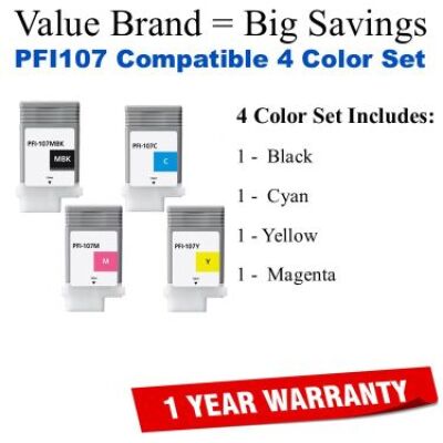 PFI107 Compatible Value Brand 4-Pack Black,Cyan,Magenta,Yellow 
