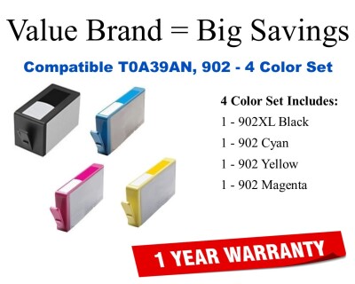 902XL/902,T0A39AN Compatible Value Brand Inks 4-Pack High Yield Black, Standard Yield Cyan,Magenta,Yellow 