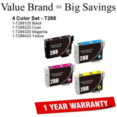Epson T288 - 4 Color Ink Cartridge Set, Remanufactured BCMY Combo