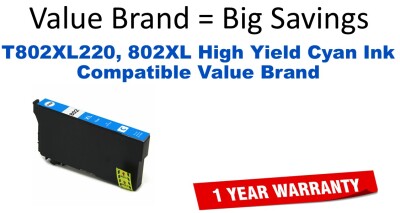 T802XL220, 802XL High Yield Cyan Compatible Value Brand ink