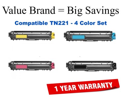 TN221 Color Set Compatible Value Brand replaces Brother TN221BK, TN221C, TN221M,TN221Y