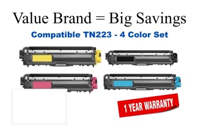 TN223 Color Set Compatible Value Brand replaces Brother TN223BK,TN223C,TN223M,TN223Y